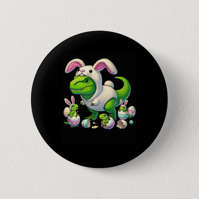 Easter T-rex Bunny Ears Funny Dinosaur Costume Kid Button (Front)