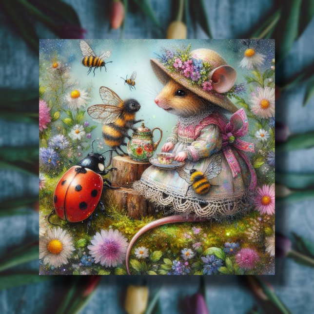 Easter Tea Party Cute Mouse Bees Ladybugs Holiday Card (Creator Uploaded)