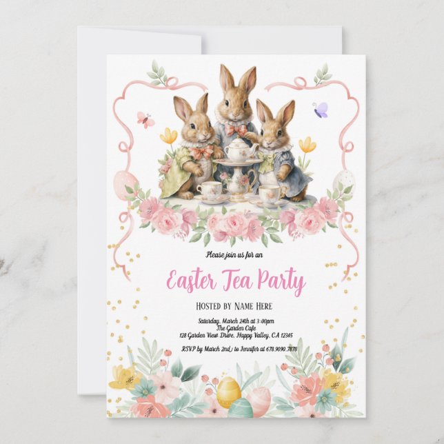 Easter Tea Party Invitation. Cute Watercolor Bunny Invitation (Front)