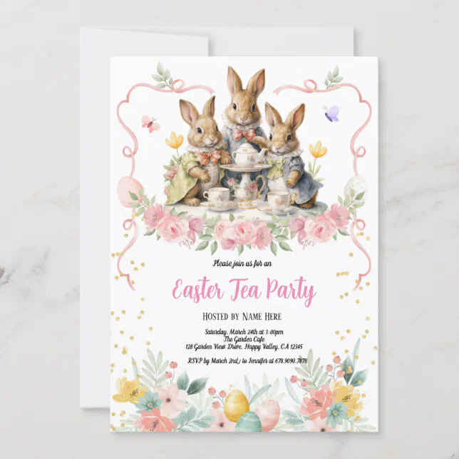 Easter Tea Party Invitation. Cute Watercolor Bunny Invitation 