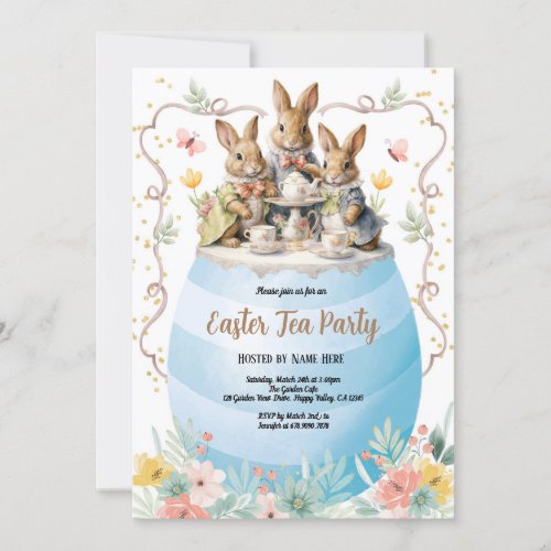Easter Tea Party Invitation Watercolor Bunny Blue Invitation