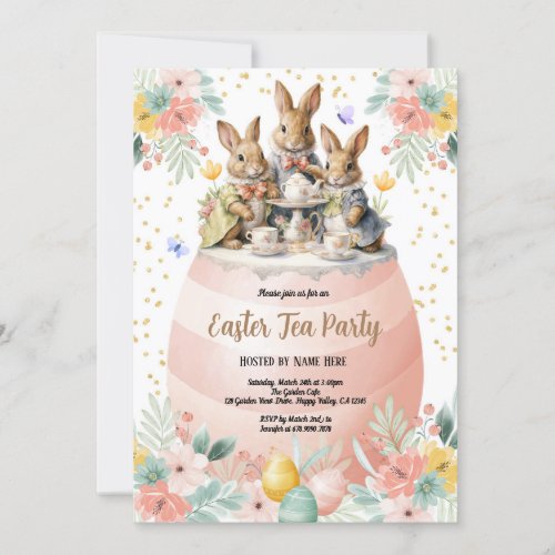 Easter Tea Party Invitation Watercolor Bunny Pink Invitation