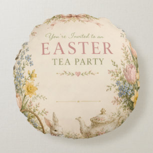 Easter Tea Party , Vintage Floral Celebration Round Pillow