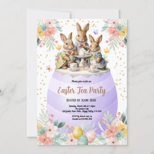Easter Tea Party Watercolor Bunny Purple Pastel Invitation