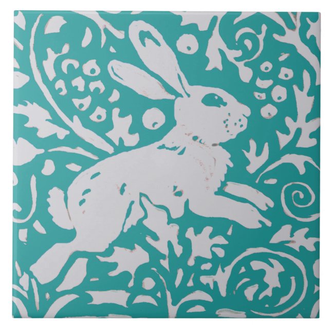 Easter Teal Blue Rabbit Bunny Floral Nature Animal Ceramic Tile (Front)
