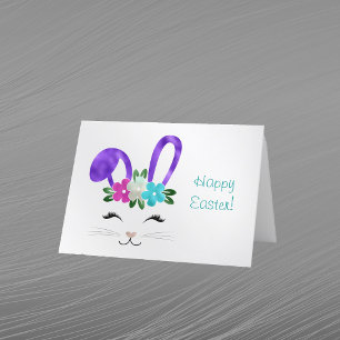 Easter Teal Rabbit Happy Face Holiday Card