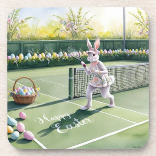 Easter Tennis Bunny Rabbit Player on the court Beverage Coaster