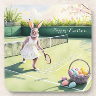 Easter Tennis Bunny Rabbit Player on the court Beverage Coaster
