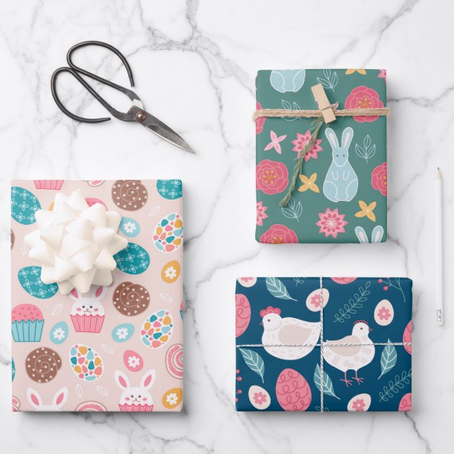 Easter Themed Pattern Bunnies Eggs and Chickens Wrapping Paper Sheets (Front)