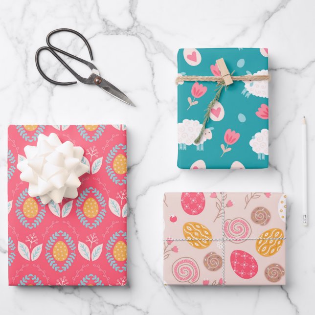 Easter Themed Pattern Sheep Eggs And Flowers Wrapping Paper Sheets (Front)