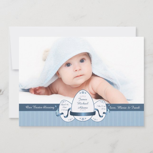 Easter Three Blue Photo Birth Announcement (Front)