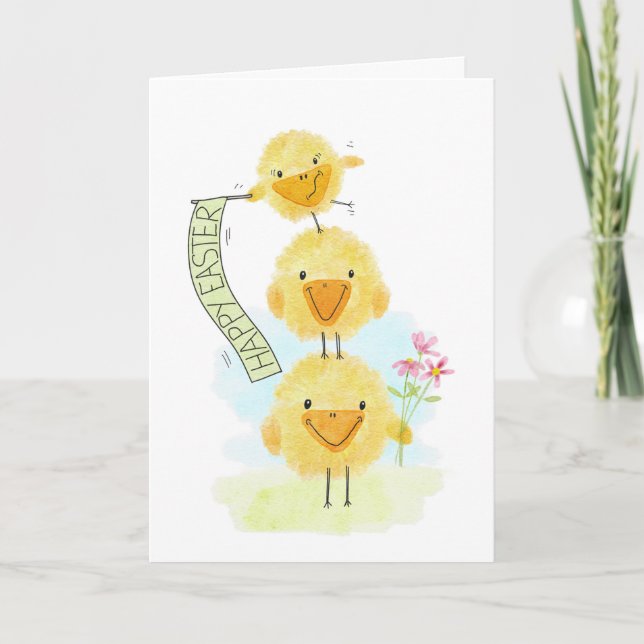Easter Three Chicks and Flowers Letterpress Thank You Card (Front)