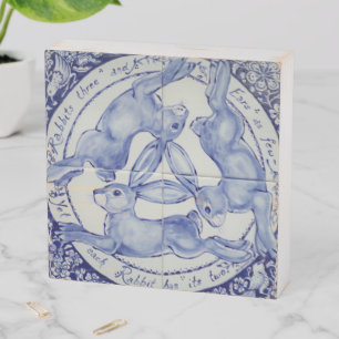 Easter Three Hares Blue & White Rabbits Delft Wooden Box Sign