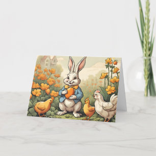 Easter Time Bunny, Chicken Vintage Illustration Holiday Card
