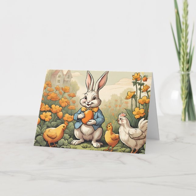 Easter Time Bunny, Chicken Vintage Illustration  Holiday Card (Front)