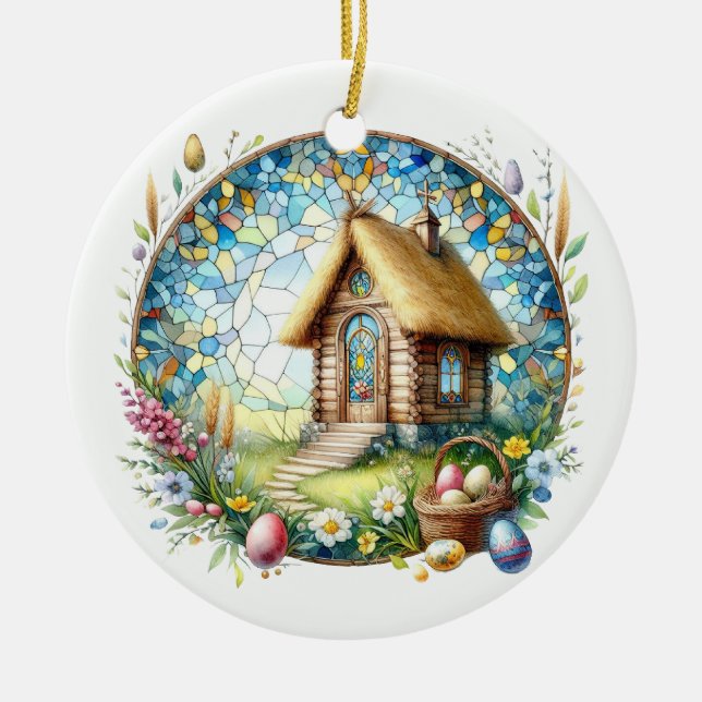 Easter Tiny Log Church Eggs Stained Glass Flowers Ceramic Ornament (Front)