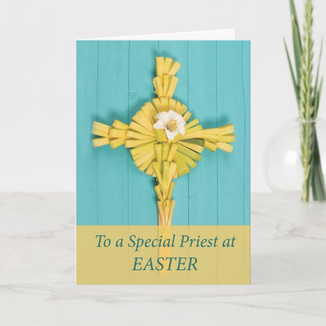 Easter to Priest Palm Cross with Lily on Teal Holiday Card (Front)