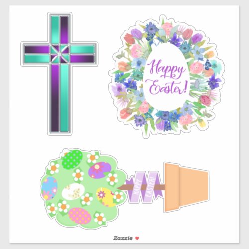 Easter Topiary Cross and Floral Egg Wreath Sticker