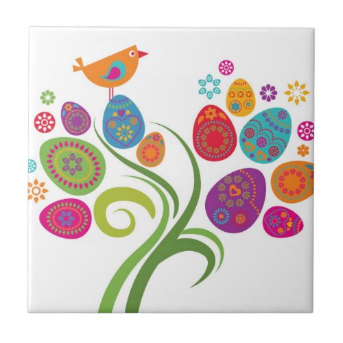 Easter tree with colored eggs and flowers ceramic tile