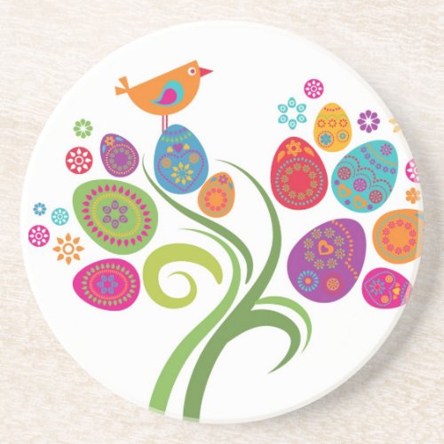 Easter tree with colored eggs and flowers drink coaster
