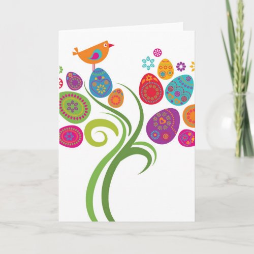 Easter tree with colored eggs and flowers holiday card