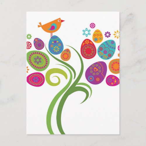 Easter tree with colored eggs and flowers holiday postcard