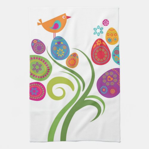 Easter tree with colored eggs and flowers kitchen towel