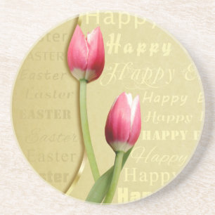 Easter Tulips Gold Typography Drink Coaster