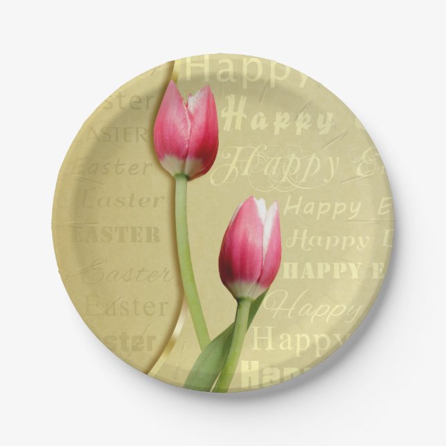 Easter Tulips Gold Typography Paper Plates (Front)