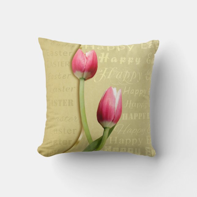 Easter Tulips Gold Typography Throw Pillow (Front)