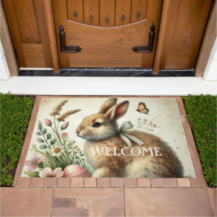 Easter Vintage Bunny Rabbit Colorful Egg Floral Doormat