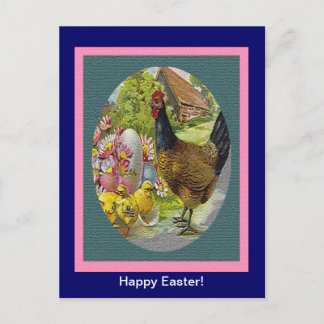 Easter Vintage Hen and Chicks Textured Holiday Postcard