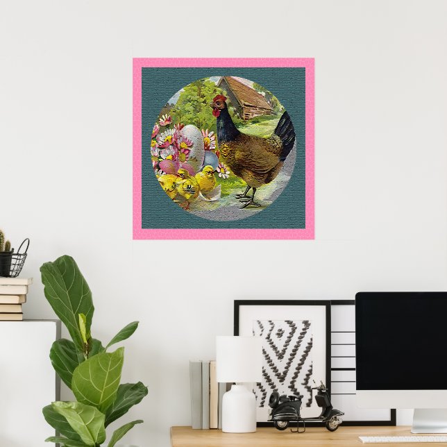 Easter Vintage Hen and Chicks Textured Poster (Home Office)