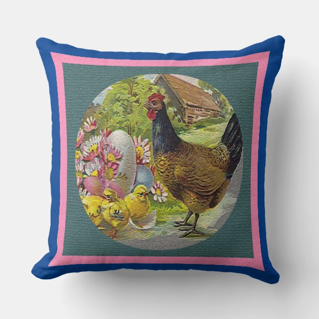 Easter Vintage Hen and Chicks Textured, ZSSG Throw Pillow (Front)