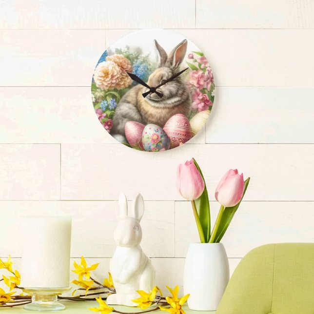  Easter Vintage Rabbit Round Wall Clock (Vintage Easter-themed wall clock featuring a rabbit and colorful eggs.)