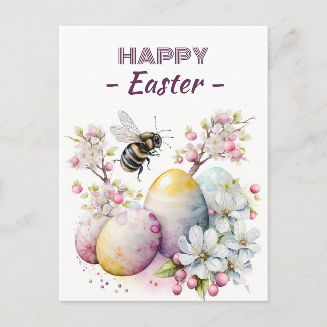 Easter Watercolor Bee Eggs and Flowers -   Postcard (Front)