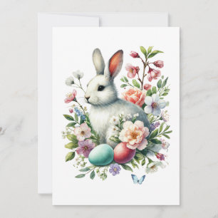 Easter Watercolor Bunny, Eggs & Flowers Invitation
