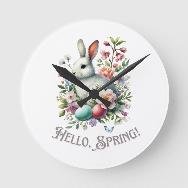 Easter Watercolor Bunny & Eggs Round Clock (Front)
