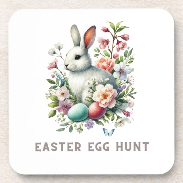 Easter Watercolor Bunny & Flowers Beverage Coaster (Front)
