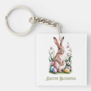 Easter Watercolor Bunny & Flowers Keychain