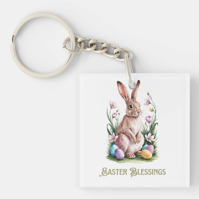 Easter Watercolor Bunny & Flowers Keychain (Front)