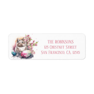 Easter Watercolor Cat Eggs and Flowers - Label