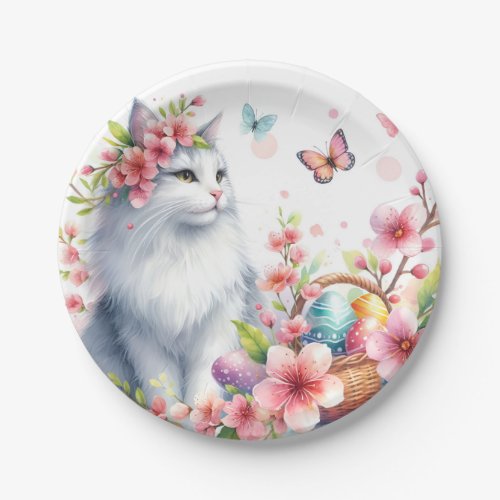 Easter _ Watercolor Cat _  Eggs and Flowers Paper Plates