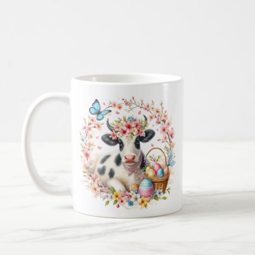 Easter _ Watercolor Cow _ Eggs and Flowers _   Coffee Mug