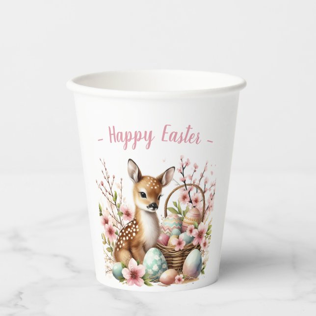 Easter Watercolor Fawn Eggs and Flowers Paper Cups (Front)