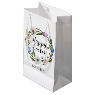 Easter Watercolor Floral Wreath Personalized Name Small Gift Bag