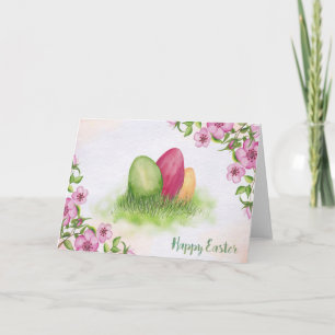 Easter - Watercolor Flowers & Eggs Holiday Card