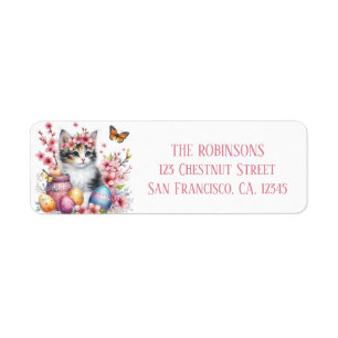 Easter Watercolor Kitten Eggs and Flowers -   Label