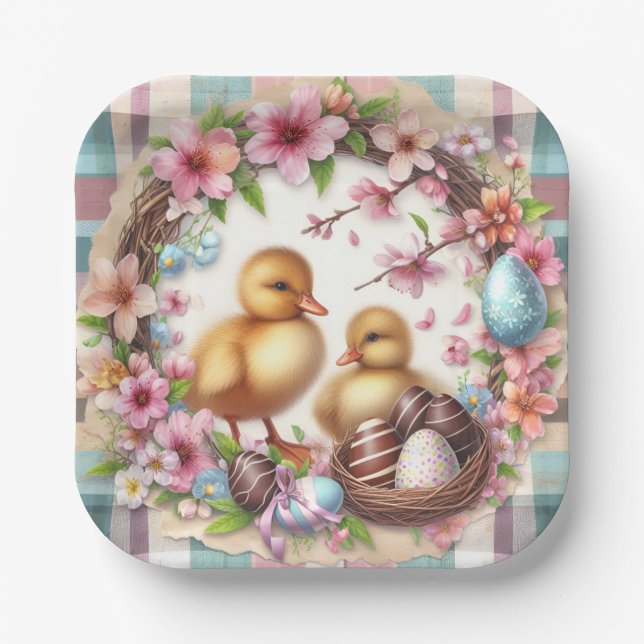 Easter Watercolor Plaid Two Ducklings Paper Plates (Front)