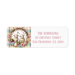 Easter Watercolor Plaid Two Lambs Label